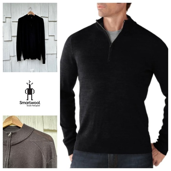 Smartwool 1/4 Zip Pullover Sweater Black Mock Neck Long Sleeve Ribbed‎ Trim Sz L - Picture 1 of 9